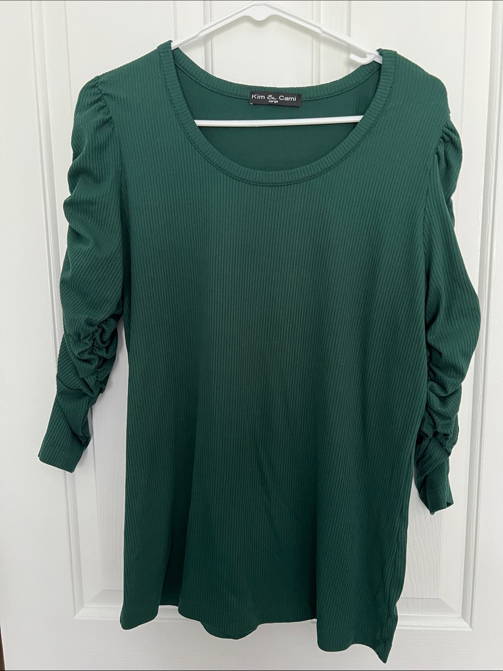 Kim & Cami Forest Green Ribbed Scoop Neck Top with Ruched Sleeves